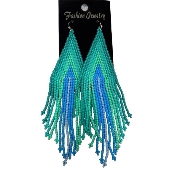 Earrings Handmade Bohemian Teal/Blue Seed Bead Dangle Fish Hook NWT - Picture 1 of 4
